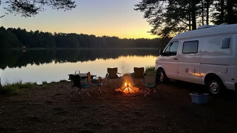 a serene camping scene by the lake: evening campfire, van, and relaxation amidst nature's beauty as the sun sets over the tranquil water