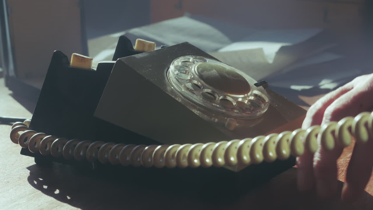 Single finger dials number on a classic dial-up telephone. Highlights the mechanical and tactile feel of retro technology