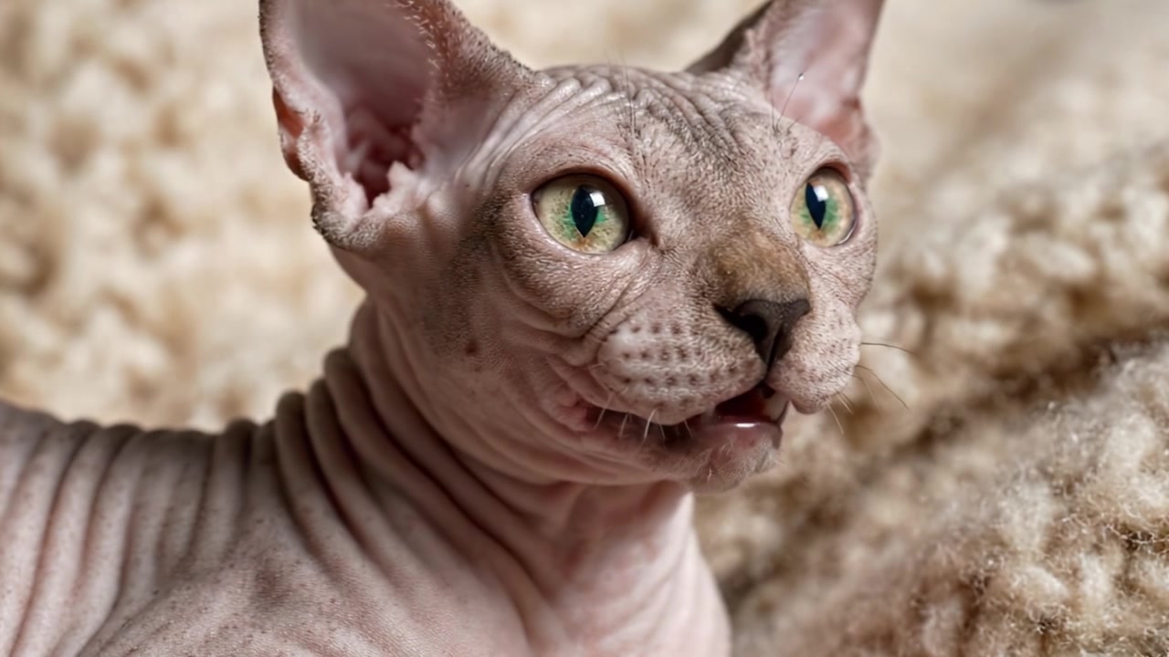 Um charmoso gato sem pelo exibindo expressões e características únicas em um fundo suave, mostrando sua personalidade brincalhona e aparência incomum