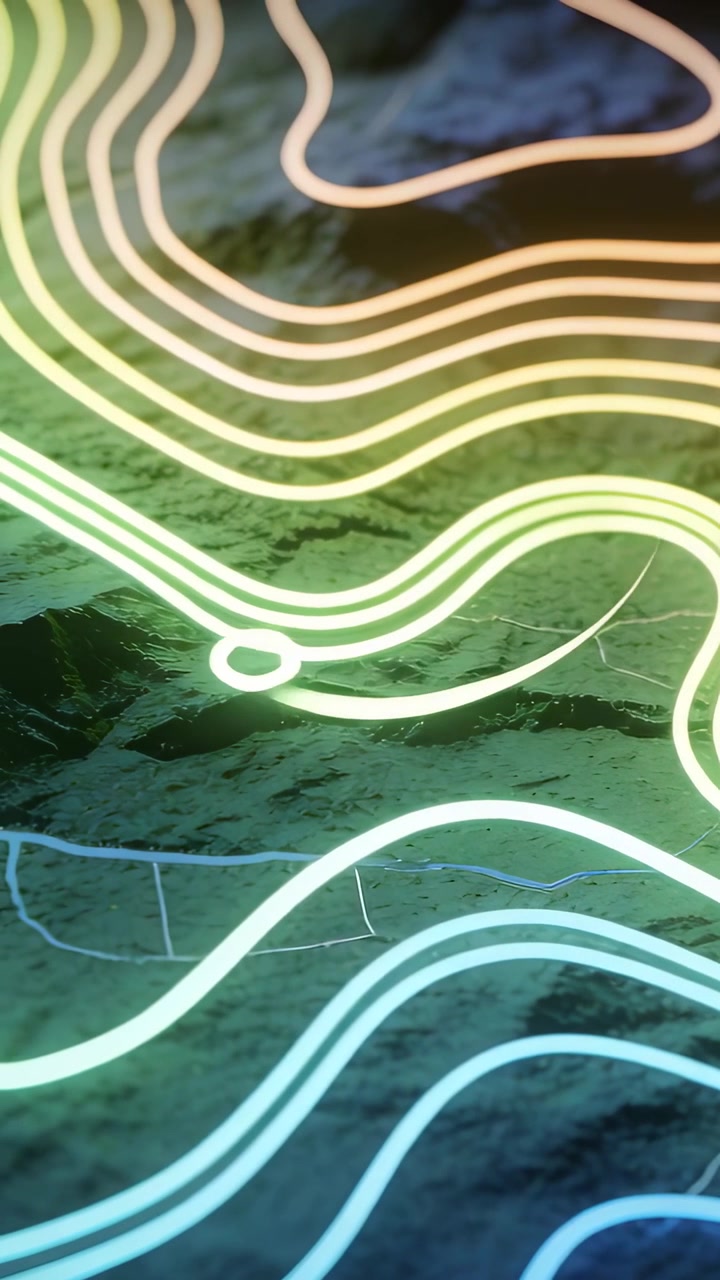 Vertical video: Animating wavy neon lines and dot moving across stone screen as recording starts