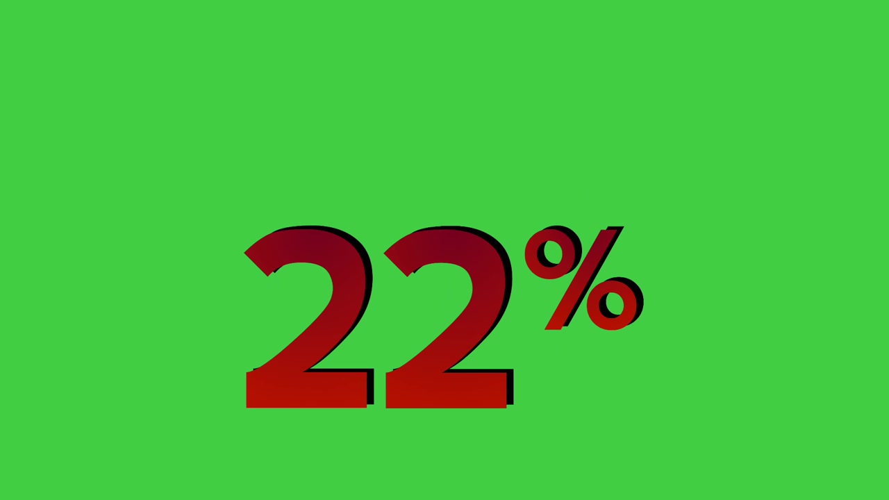 Animazione con simbolo percentuale del 22% di colore rosso su schermo verde, grafica in movimento percentuale per elemento video di concetto aziendale di sconto.