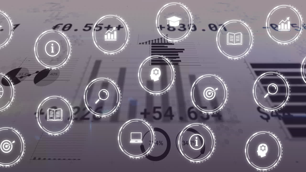 Animation of multiple digital icons over statistical data processing against grey background