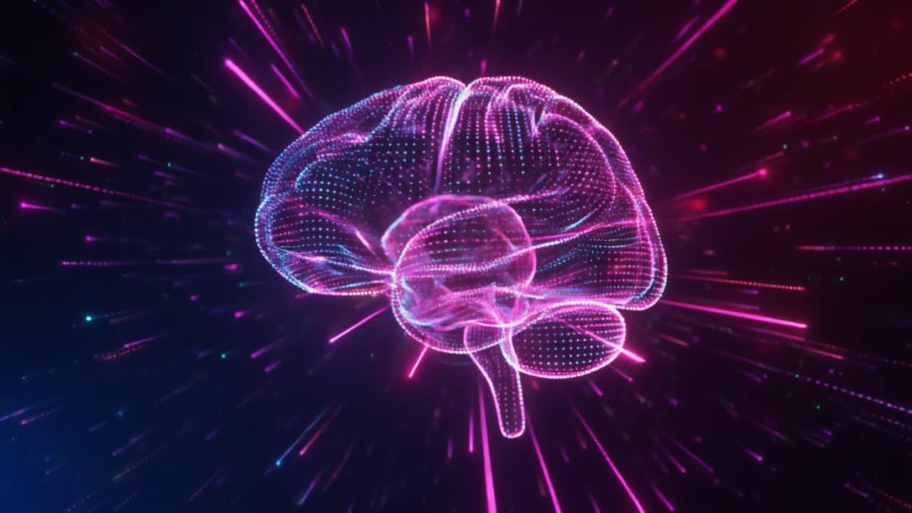 Futuristic Digital Brain Rotating with Glowing Light Streaks