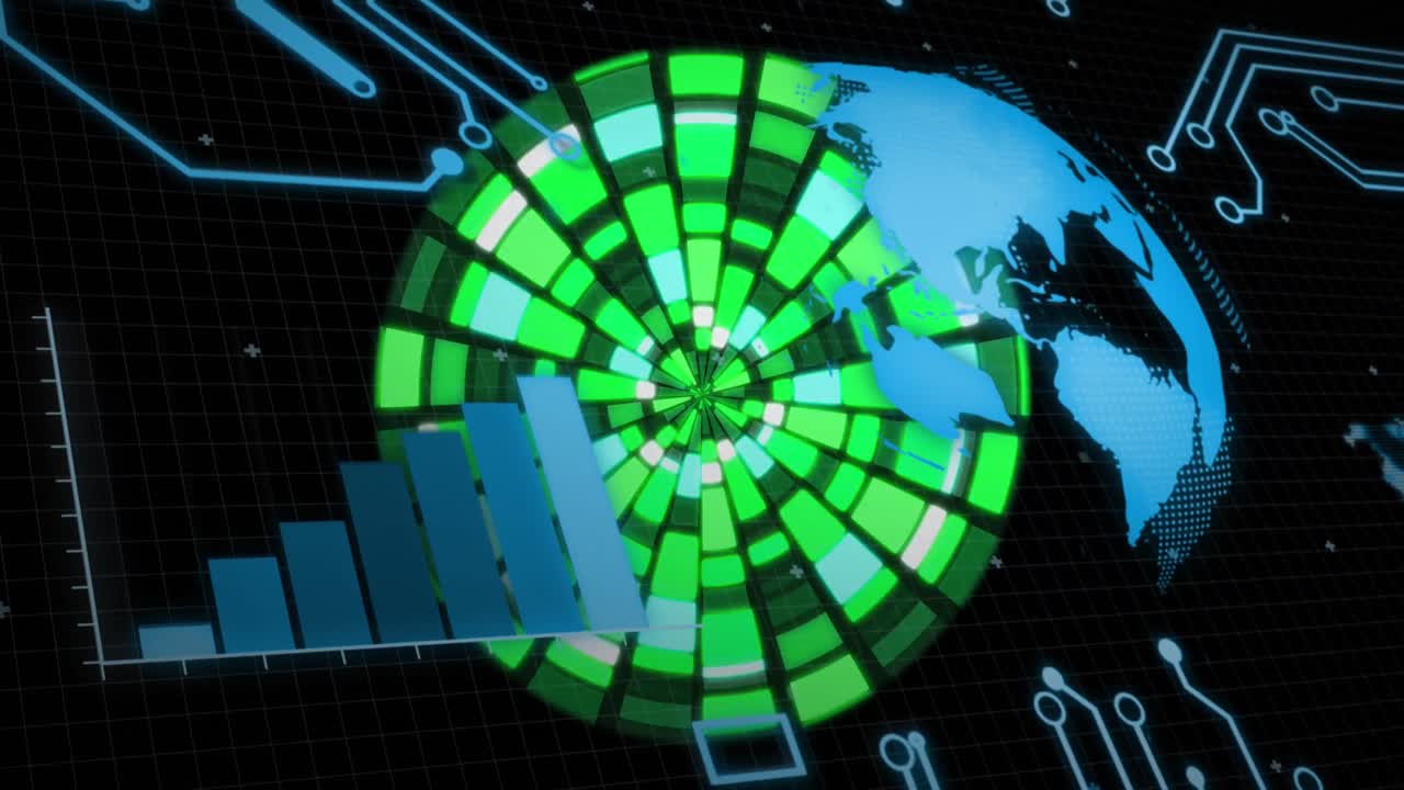 animación del globo con procesamiento de datos sobre formas brillantes sobre fondo negro.