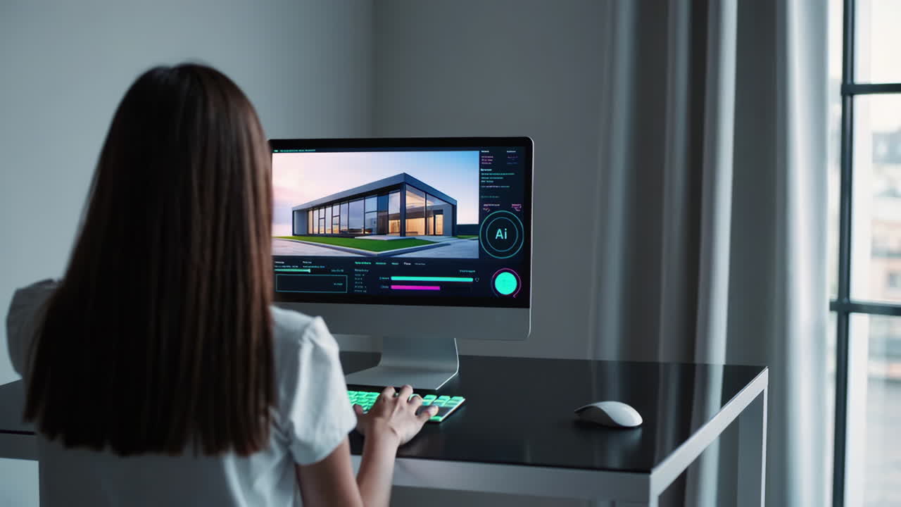 Woman using AI software for architectural design on a computer