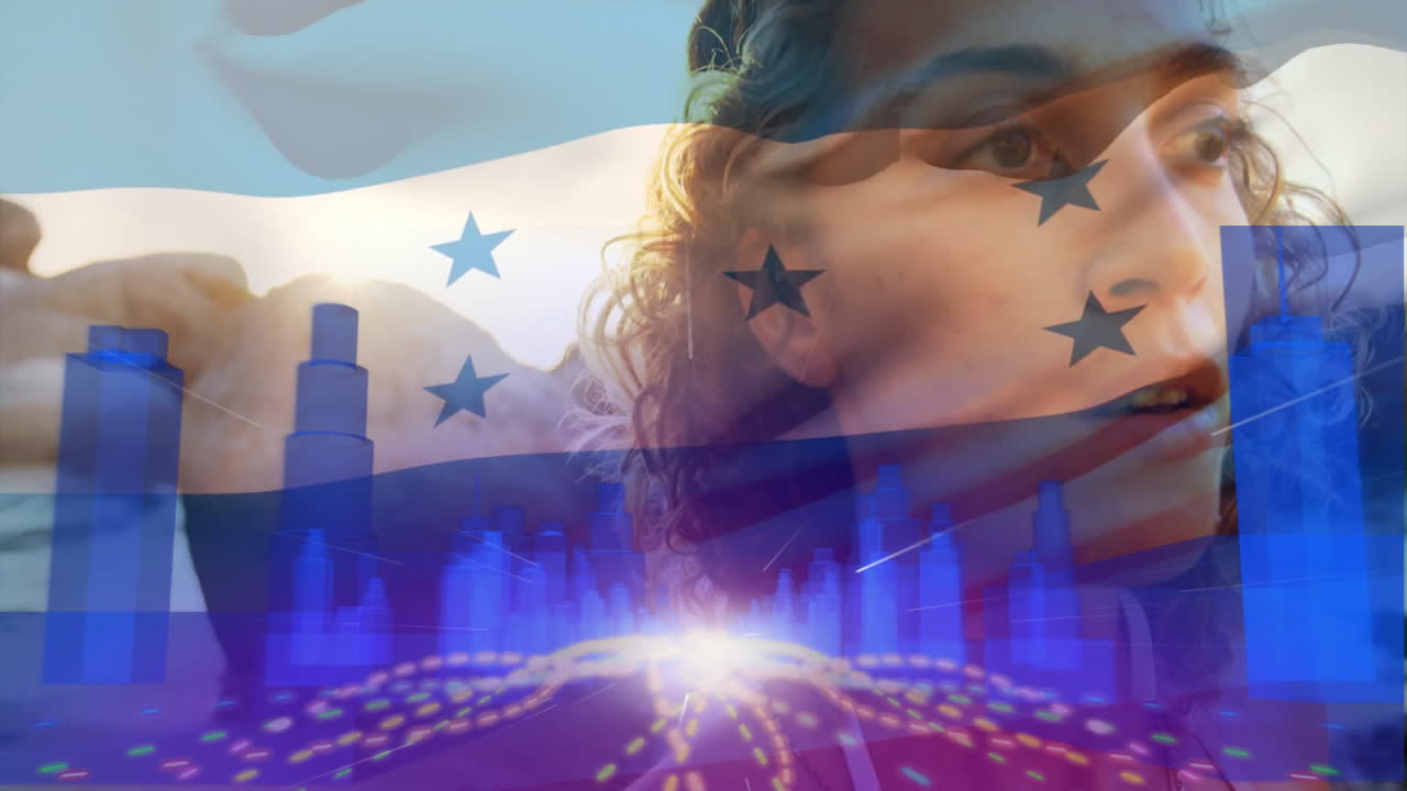 Cityscape with Honduras flag animation, person looking thoughtfully into distance