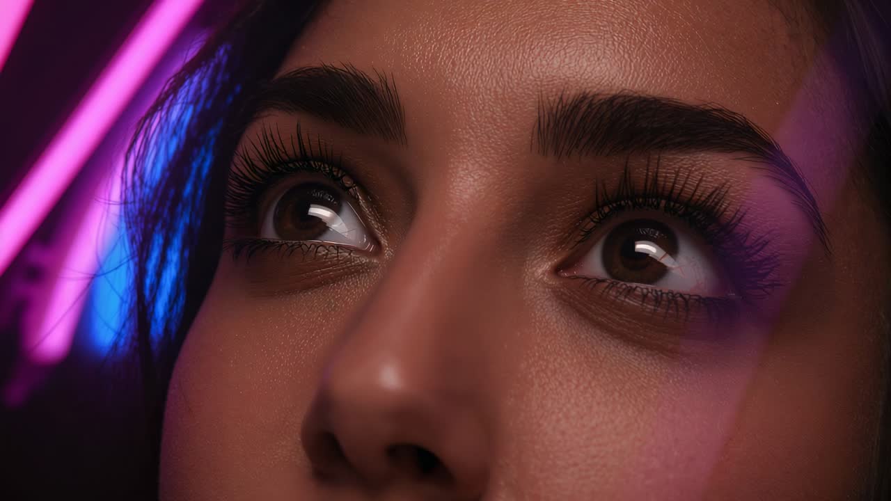 Responding to camera zooming, woman centering gaze at studio, with mascara, pink neon and blue LED