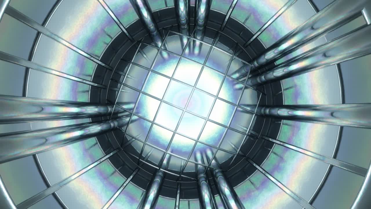 La perspectiva cambia, la cámara se mueve hacia arriba hacia una claraboya cuadrada dentro de un conducto metálico, revelando tuberías.