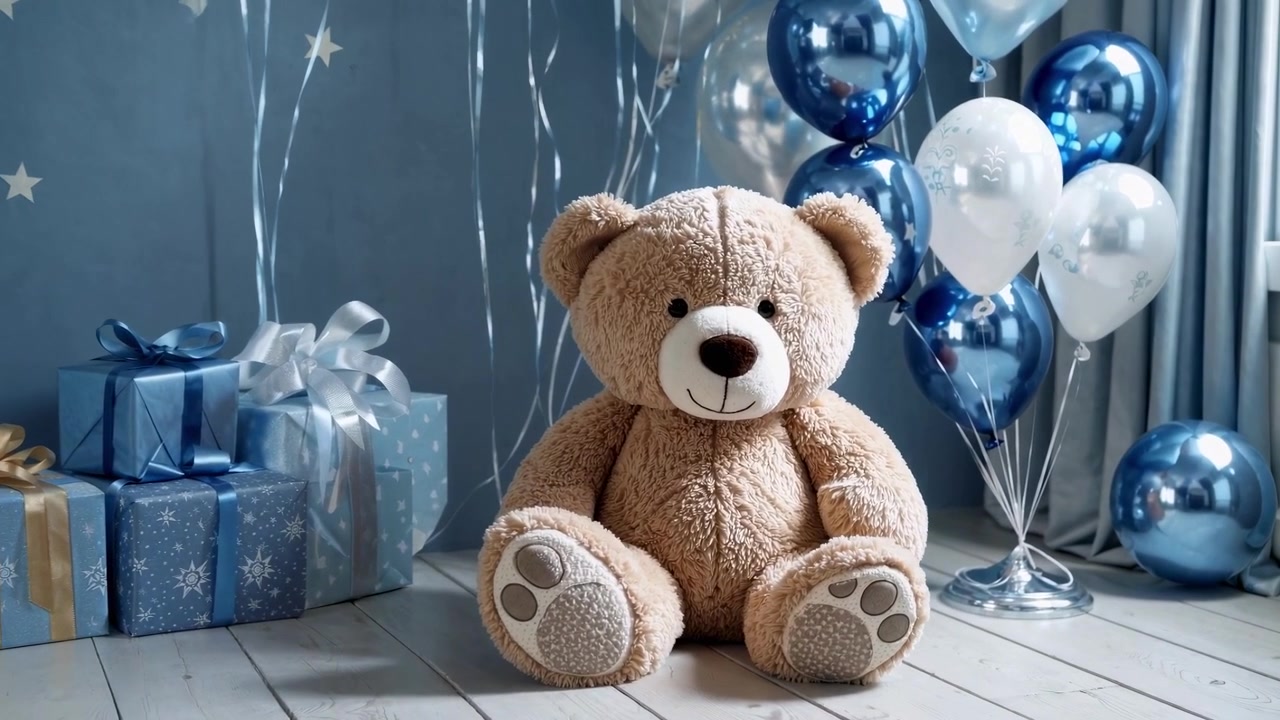 Tenero orsetto di peluche con palloncini blu e bianchi e scatole regalo.