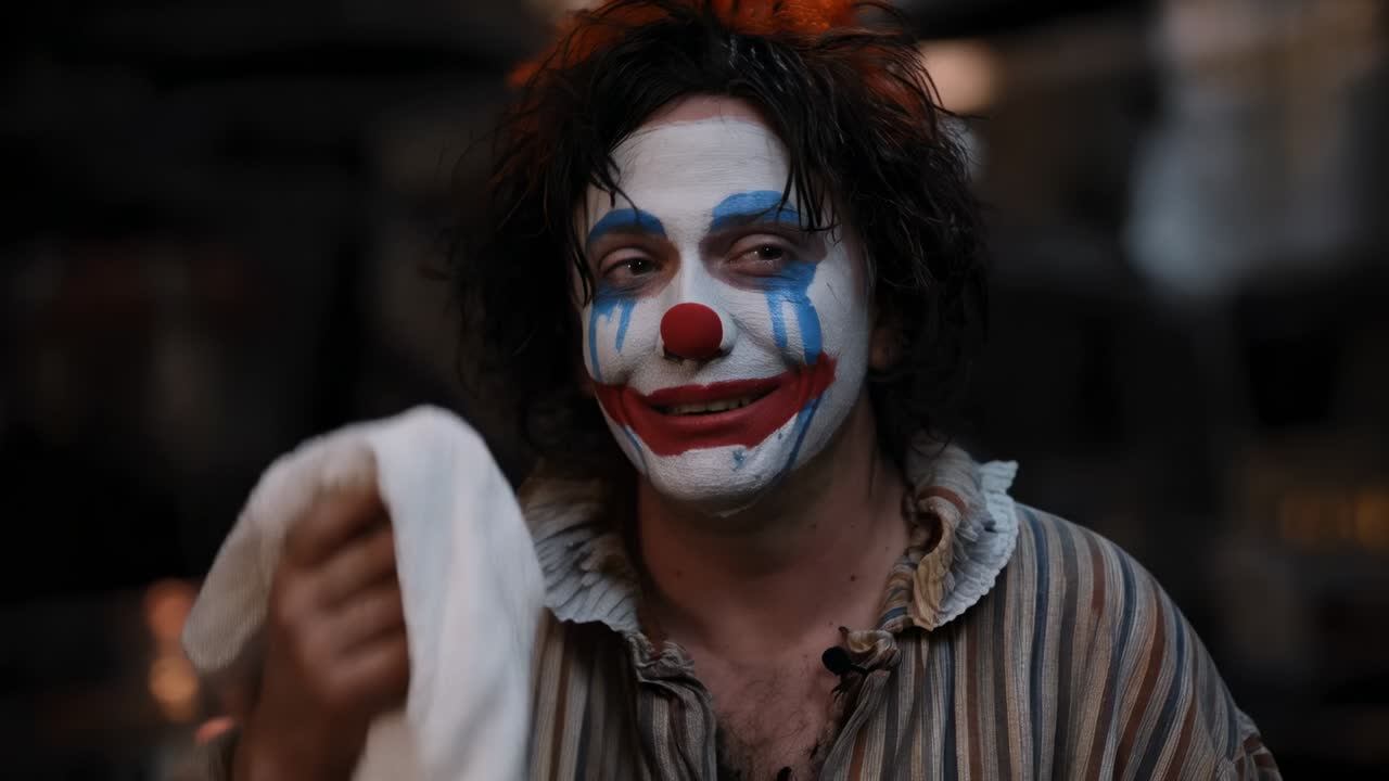 After show wiping clown blotting painted face backstage, holding white cloth, wearing striped shirt