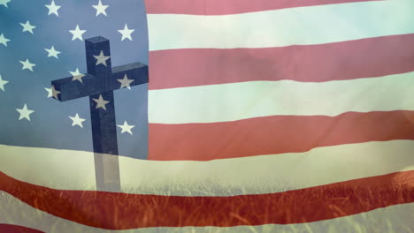 animación de la cruz cristiana y la hierba sobre la bandera ondeante de los estados unidos