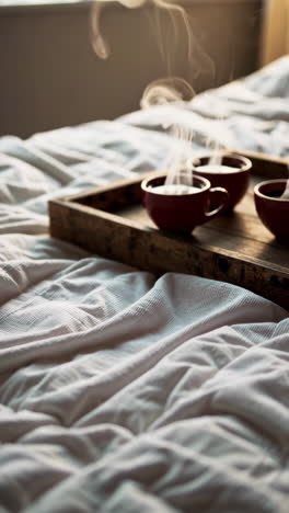 warm coffee on a bed tray