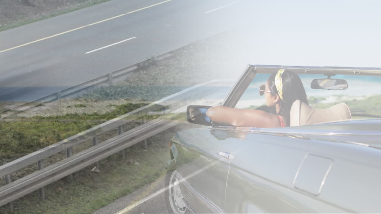 자동차를 운전하는 아시아 여성의 도로 위의 애니메이션