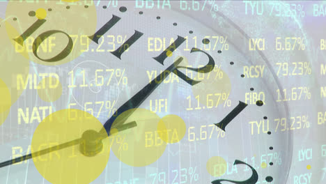 animation of stock maket data processing against close up of a ticking clock