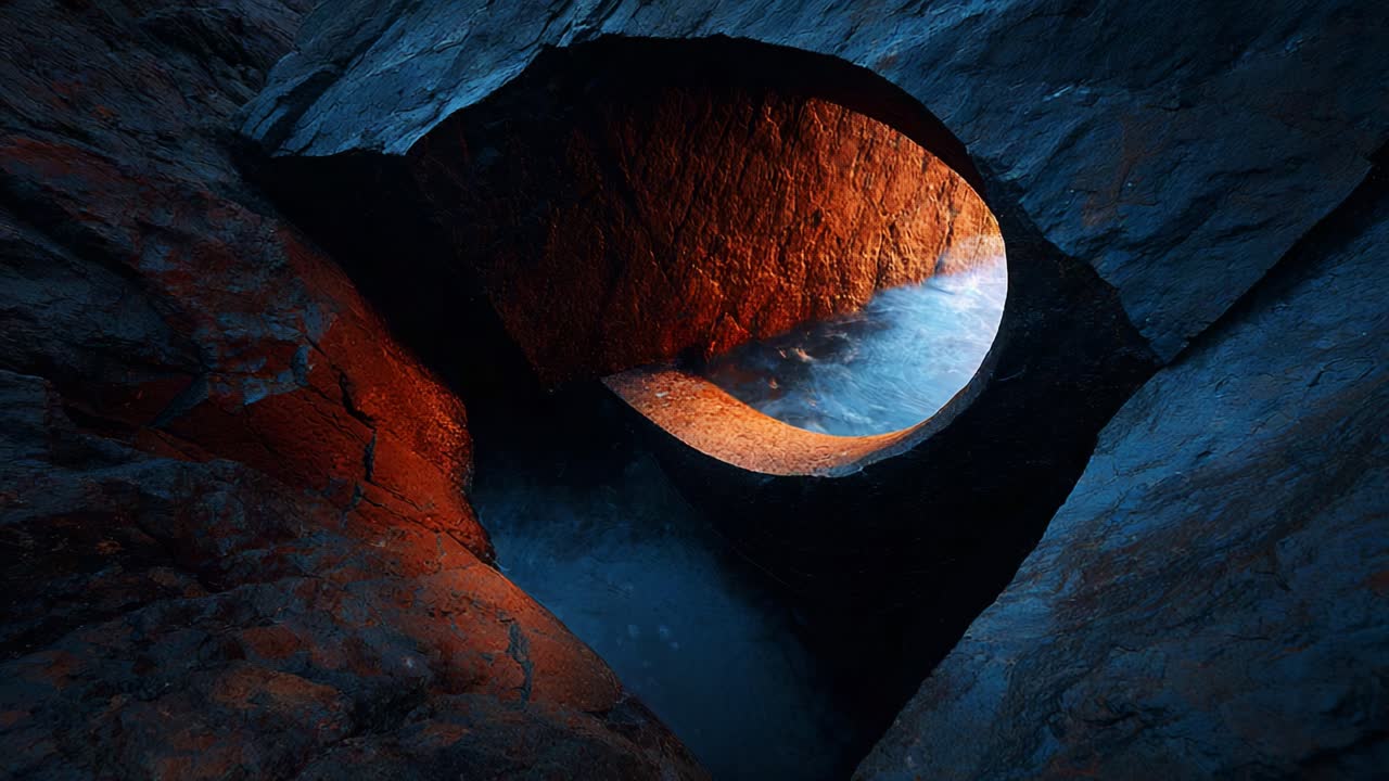 A stunning juxtaposition of nature and light marks this breathtaking geological formation, showcasing a circular opening surrounded by rugged rocks and the gentle movement of ocean waves