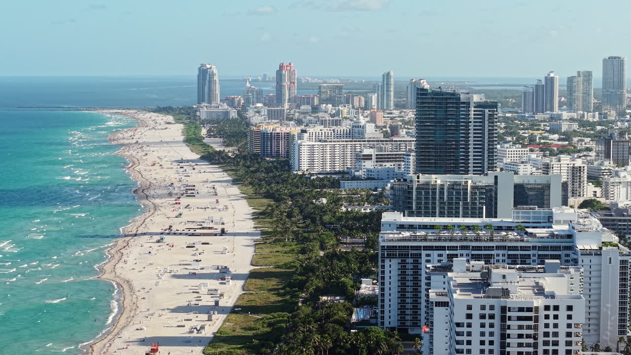 South Beach Miami, Florida USA. Drone View of Beachfront Hotels and Sandy Shore