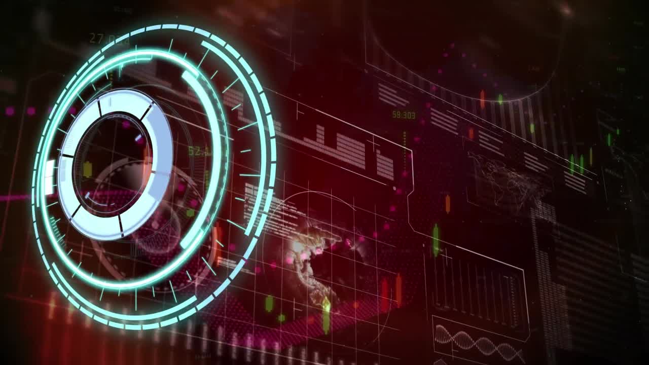 animación de un escáner redondo sobre una interfaz digital con procesamiento de datos contra un fondo rojo