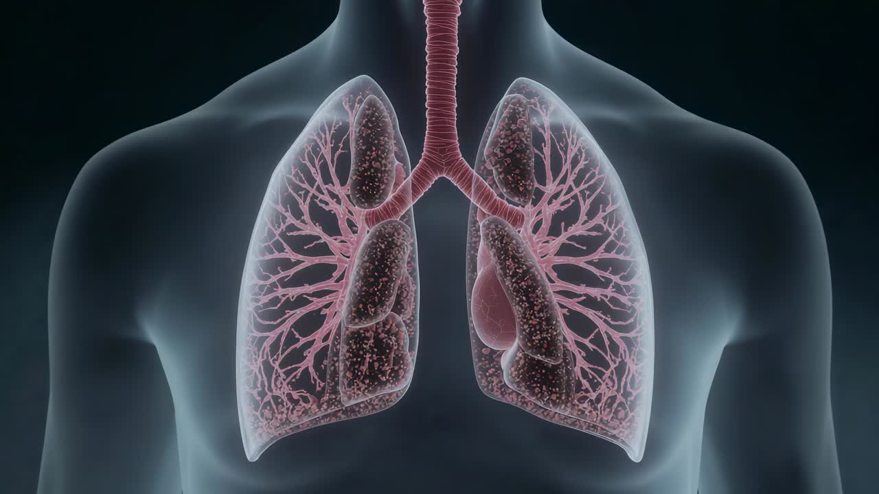 Animazione del busto in studio, granelli che compaiono all'altezza delle spalle, si muovono verso i polmoni, mostrando trachea e bronchi