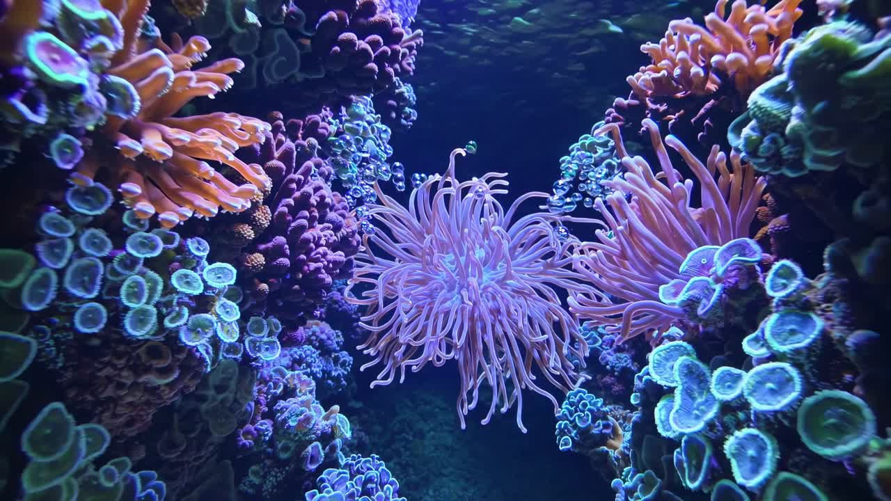 Underwater scene with sea anemones and coral