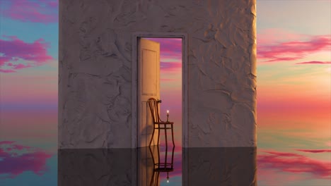 White-Concrete-Wall-and-an-Open-Door-to-Imaginary-World-Purple-Sunset-Surrealism-A-Candle-Burns-on-a