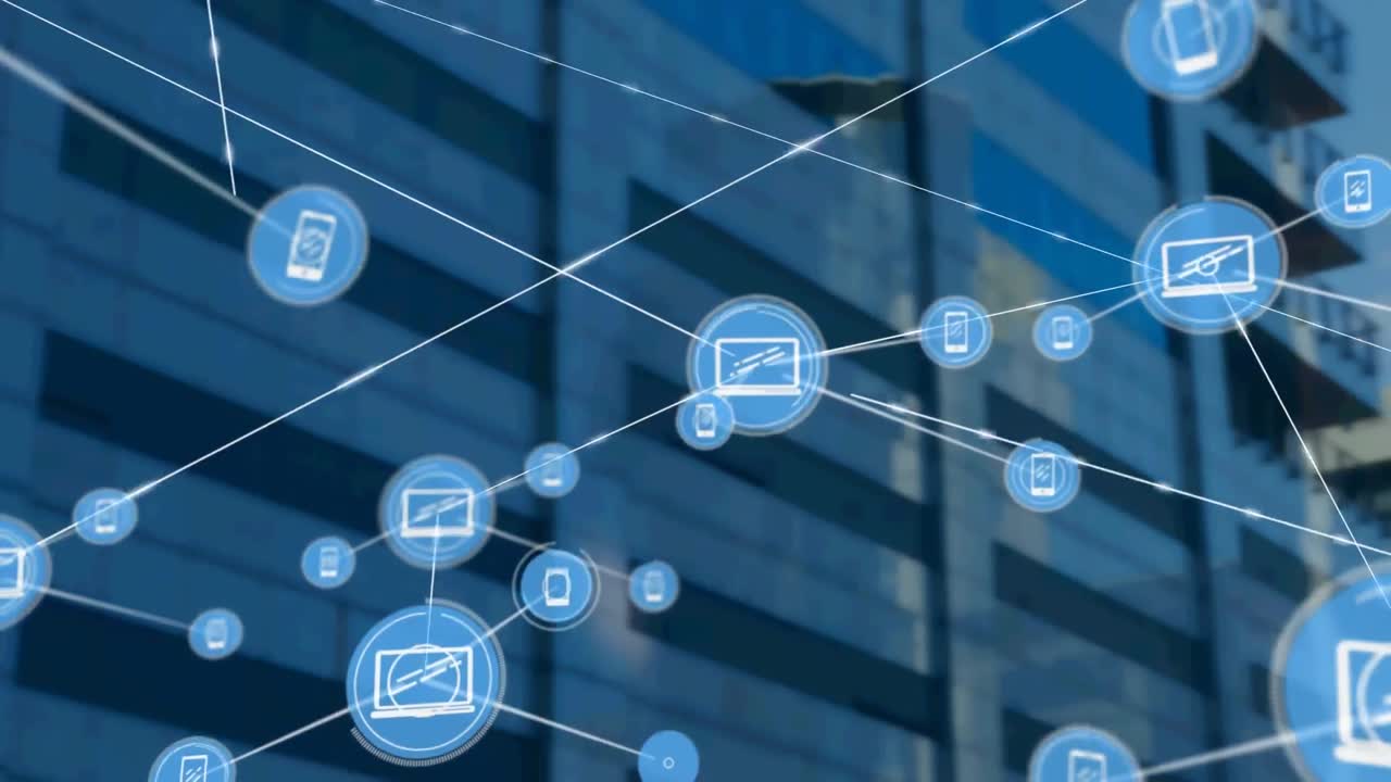 Animation of network of connections with icons over modern office building