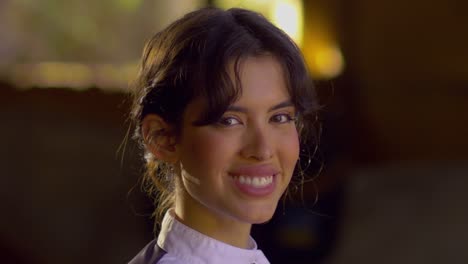 elegant woman, smile, laugh, posing for camera, looking away, earring, pretty woman, looking in camera lens, slow motion, professional lighting, blush, beauty dark eyes female jockey, cinematic, slomo