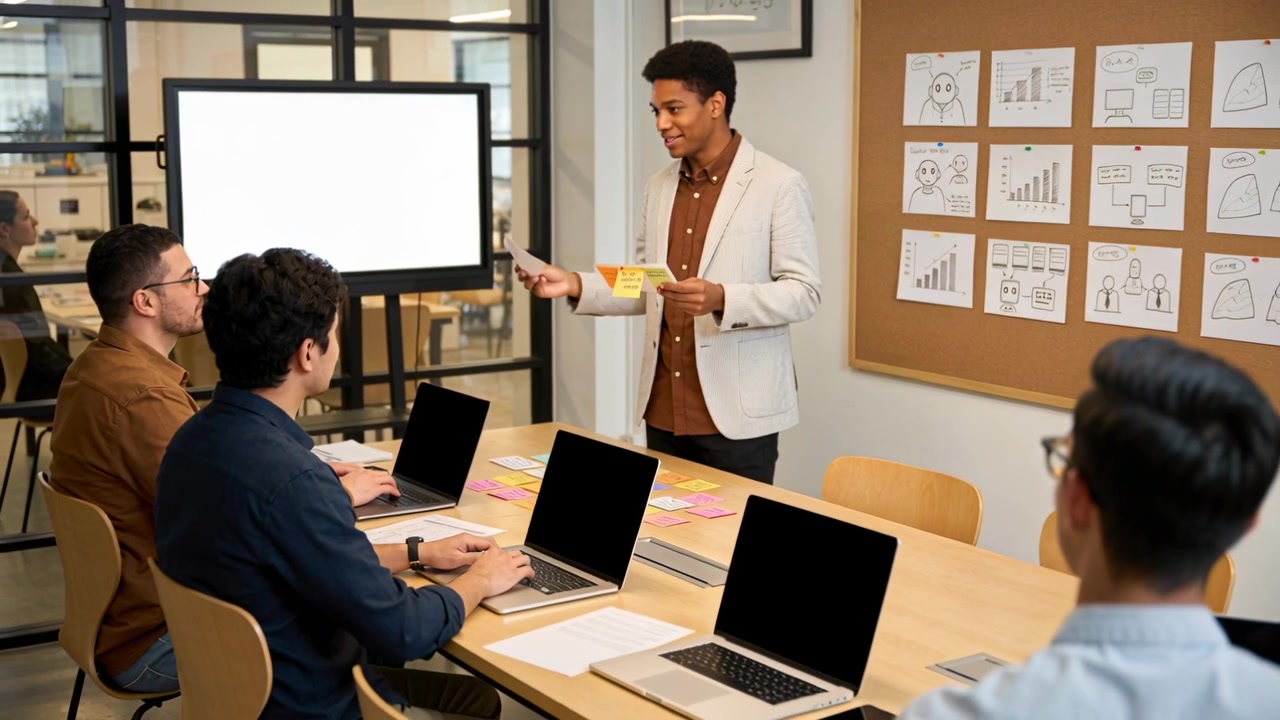 Presenting man in blazer showing sticky notes, handing paper in glass room with laptops, copy space