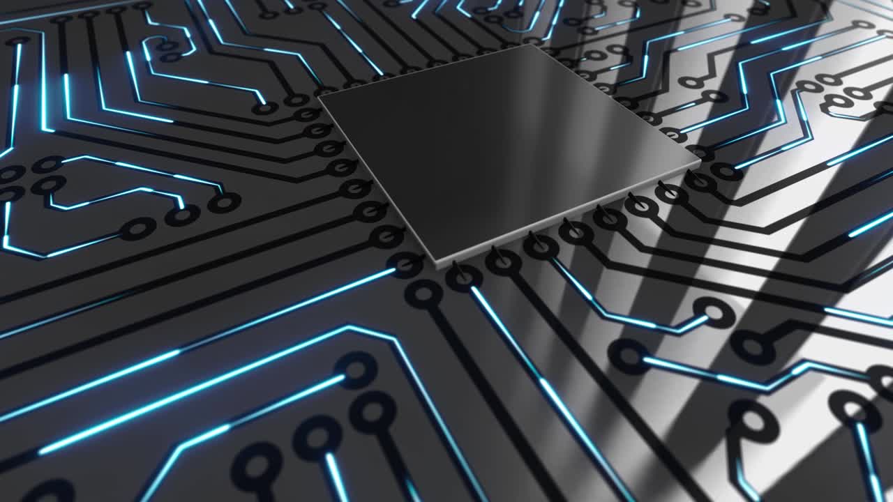 Text “Glitch” landing on a circuit board loop 4K