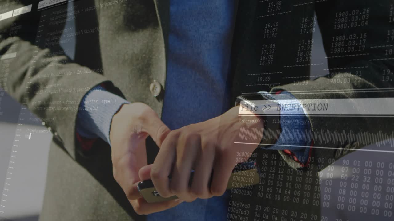 Man raising wrist and tapping smartwatch and starting tech file encryption and checking smartphone