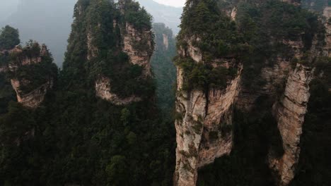 low aerial gliding between two forest-covered sandstone cliffs reveals a deep green valley in zhangjiajie national park