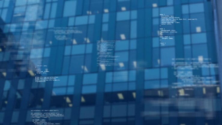 Animation of screens with data processing against tall building