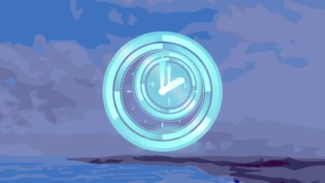 animation of scanner with clock face over coast and cloudy blue sky