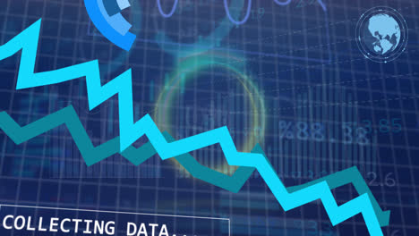 animation of circle, graphs, letters, numbers, globe over trading board against abstract background