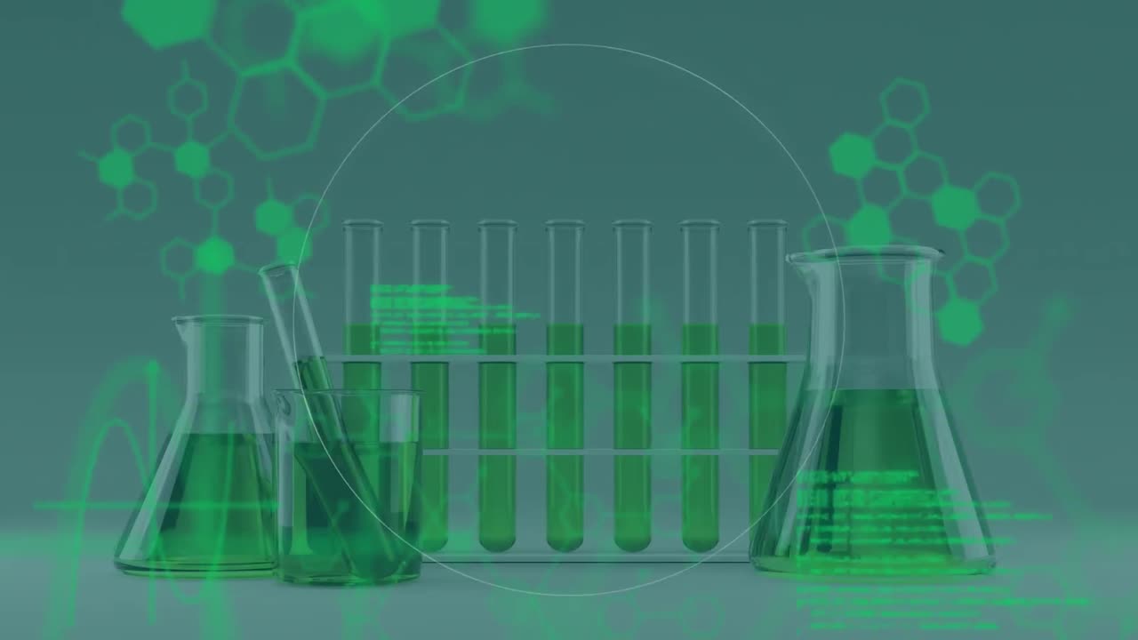 박동하는 원과 화학적 구조의 애니메이션, 실험 튜브와 플라스크의 클로즈업