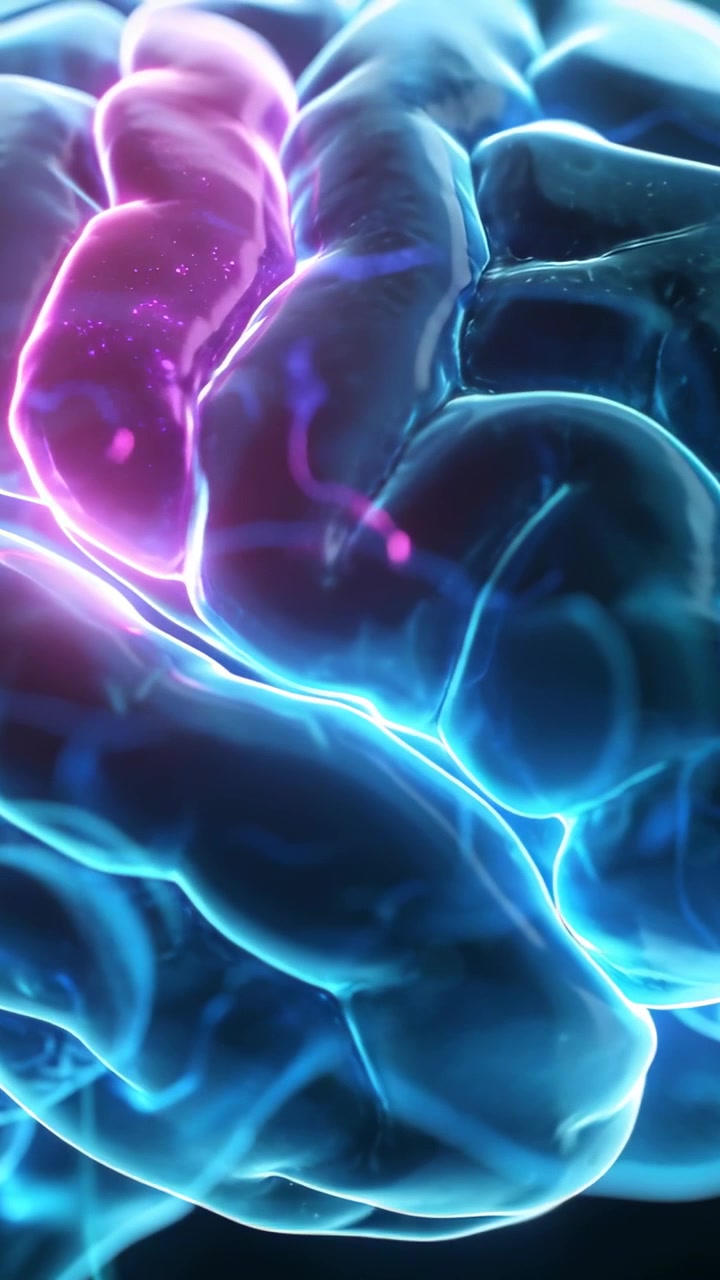 Vertical video: Camera zooming to brain model in studio, revealing pulsing magenta region for study