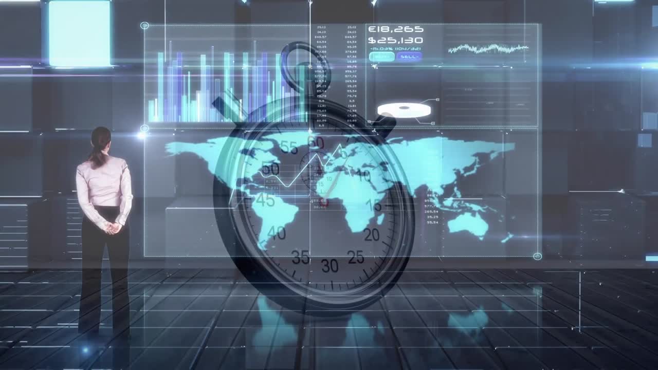 animación de estadísticas con procesamiento de datos, mujer de negocios y cronómetro