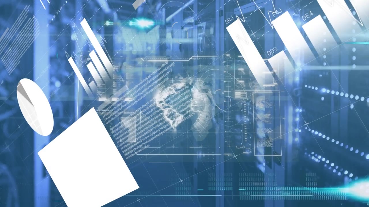 Digital Data Visualization Over Server Room Background
