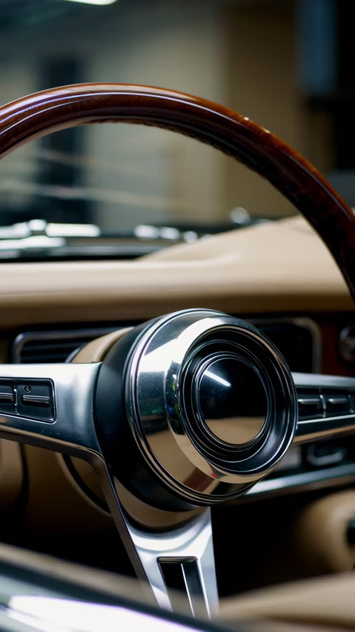 Close-Up of a Classic Car's Wooden Steering Wheel and Interior