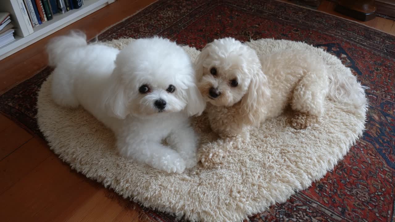 L'adorabile compagnia di due cani giocherelloni che si rilassano su un tappeto accogliente, mettendo in mostra i loro soffici manti e le loro espressioni amichevoli in un ambiente domestico caldo