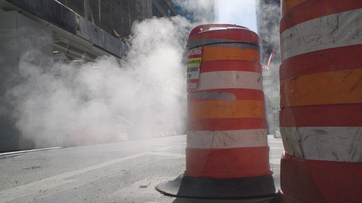 Slow motion steam rising from beneath the streets. Shot in Midtown Manhattan