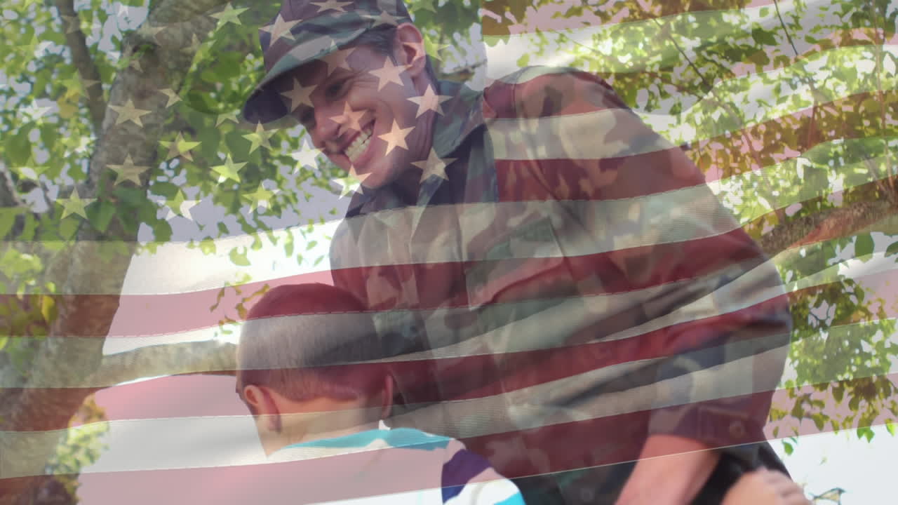 Soldat étreignant tendrement son fils