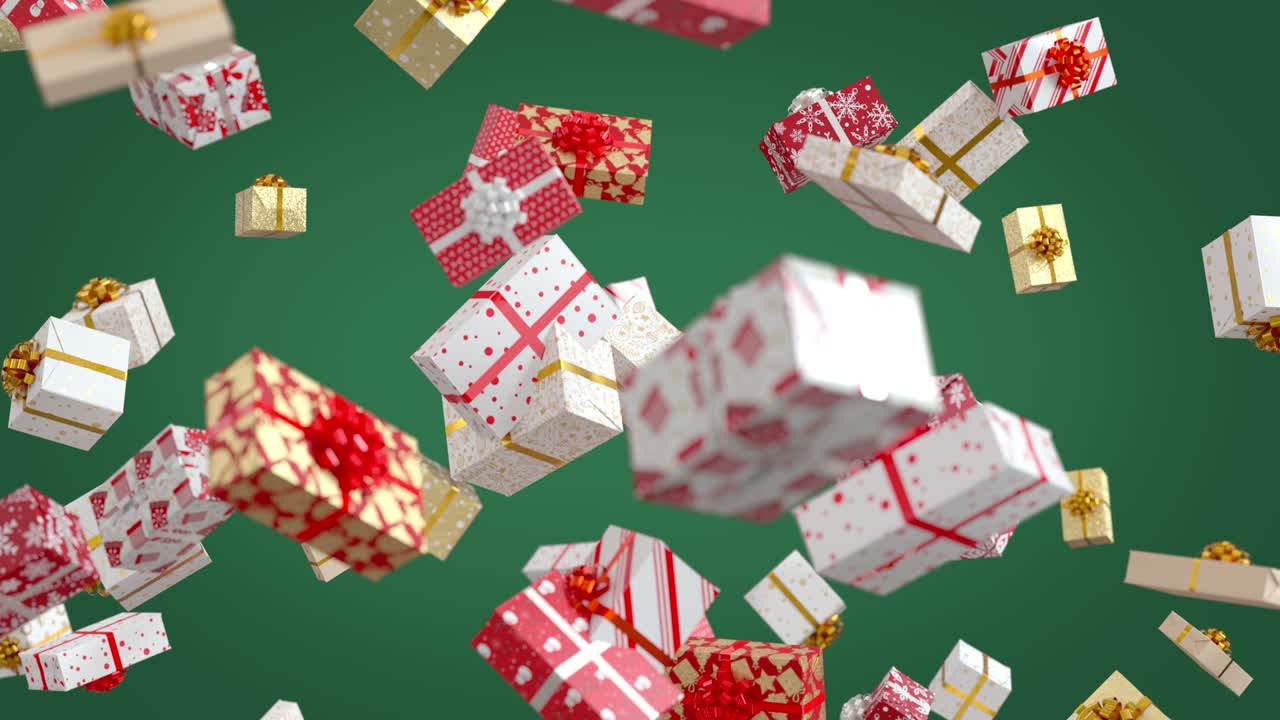 Falling New Year Presents on Green Background