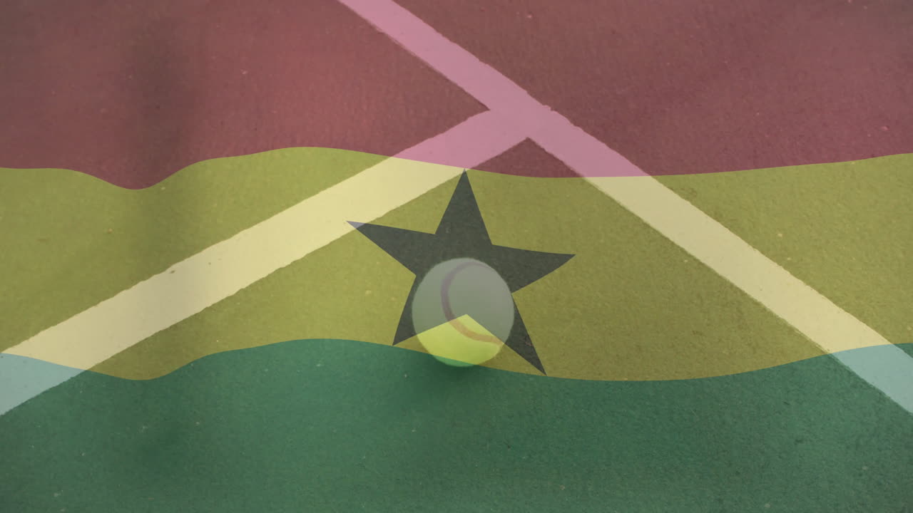 Tennis ball being animated on court, showing faded flag stripes and central star in flat design