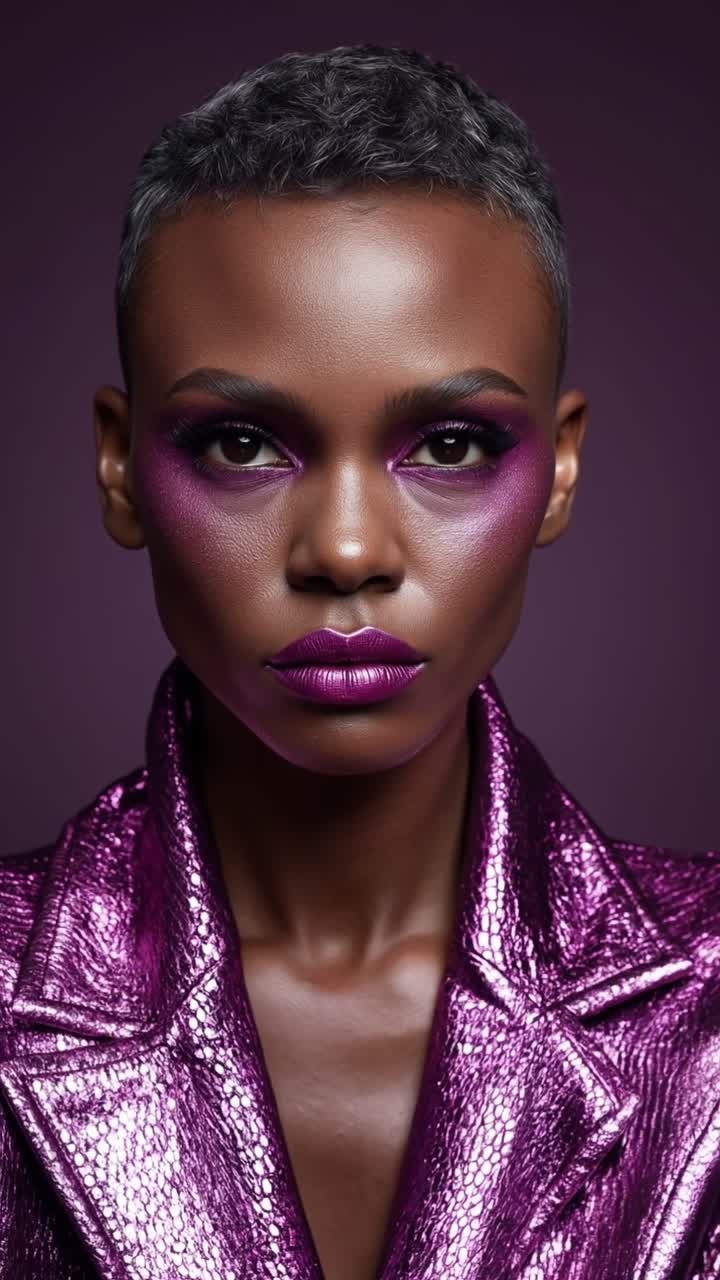 Bella donna di colore con trucco metallico viola e giacca lucida abbinata che posa in uno studio con illuminazione viola drammatica