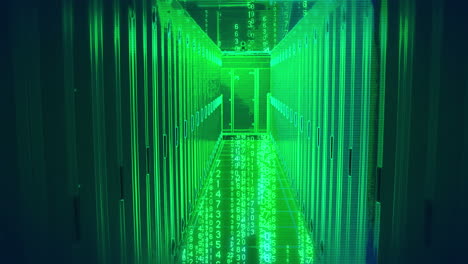 animación de codificación binaria en la sala del servidor de neón verde.