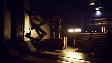 dark industrial setting with robotic arm near illuminated steps