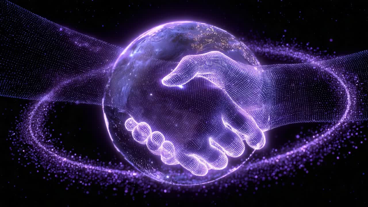 A Symbolic Representation of Unity and Cooperation: Two Hands Shaking in a Digital Universe Surrounding Earth, Emphasizing Global Connection and Collaboration in an Evolving Technological Landscape
