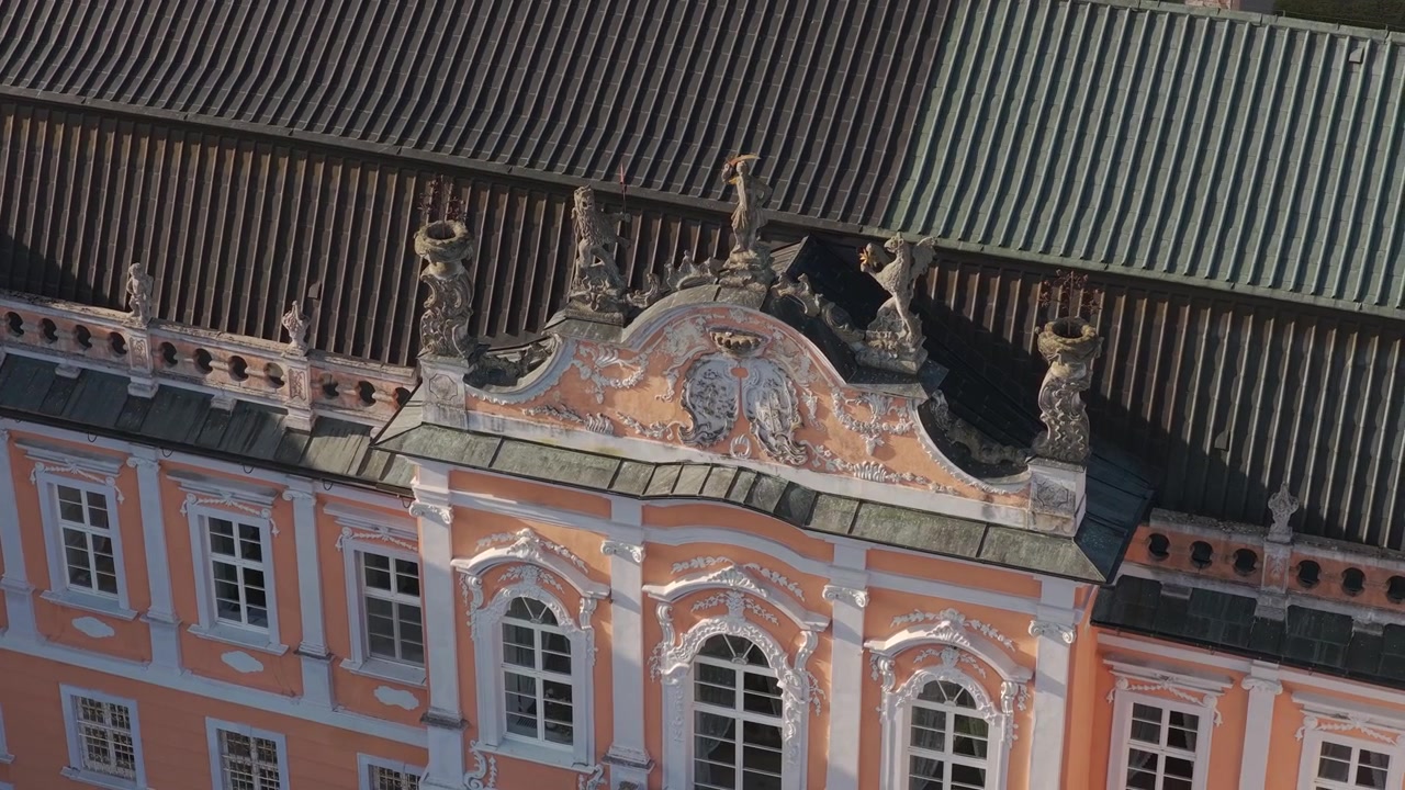 Una vista ravvicinata del tetto ornato del Castello di Nové Hrady vicino a Litomyšl. Vista da un drone.