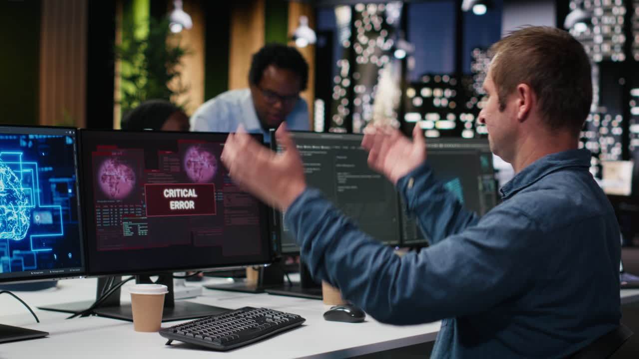 Man Reacting to Critical Error Message on Computer Screen