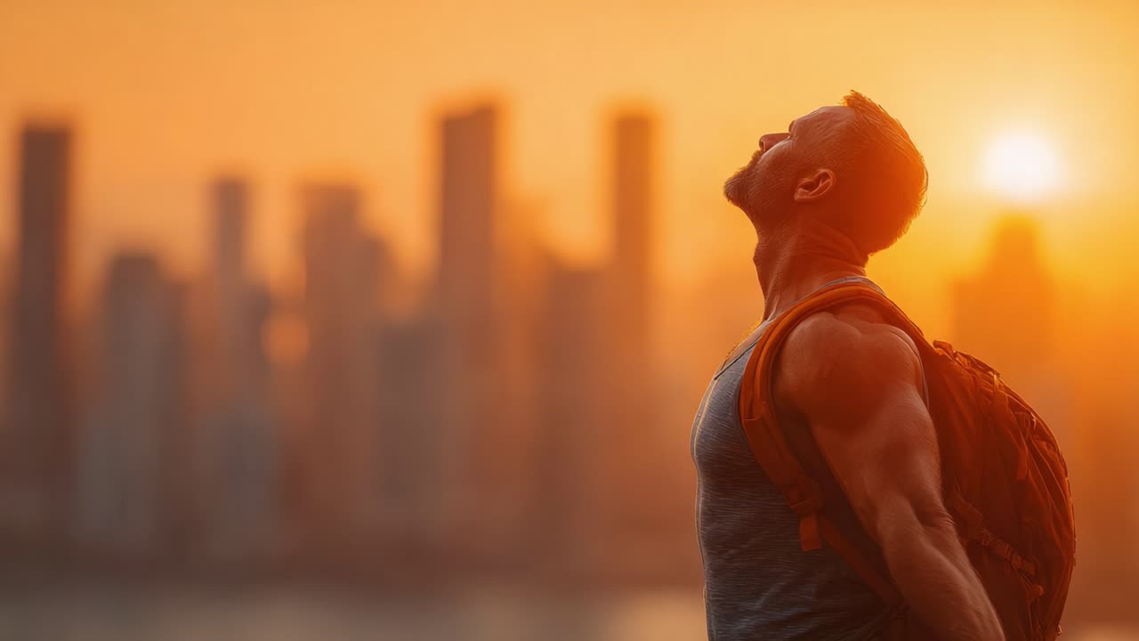 Momentos inspiradores al atardecer: un viajero solitario disfruta de las impresionantes vistas del skyline, conectando con la naturaleza y la aventura con determinación y asombro al anochecer